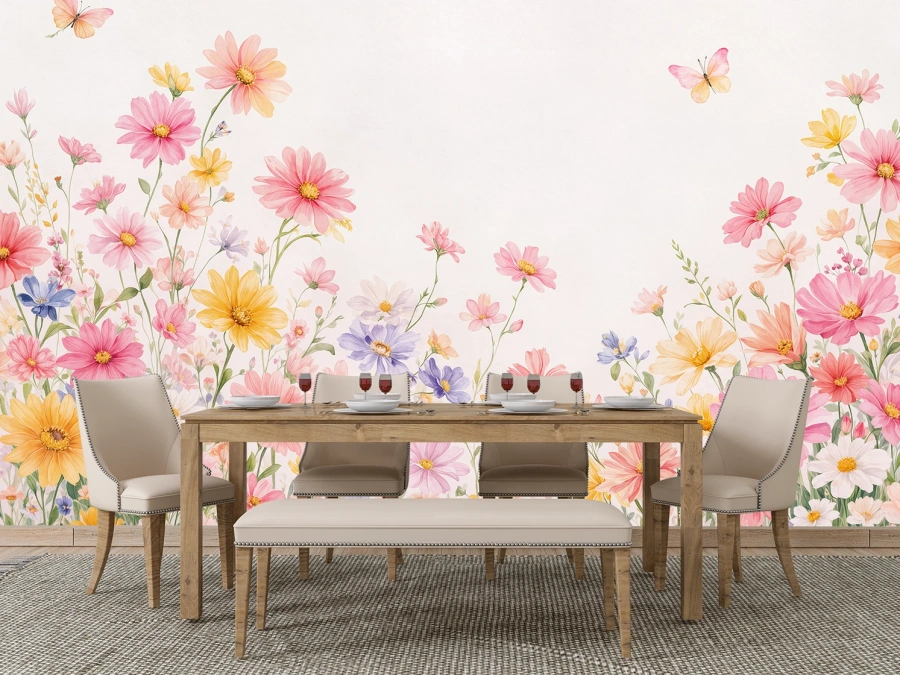 Fototapet floral în nuanțe pastelate. ✓ Design delicat pentru decor luminos și elegant.