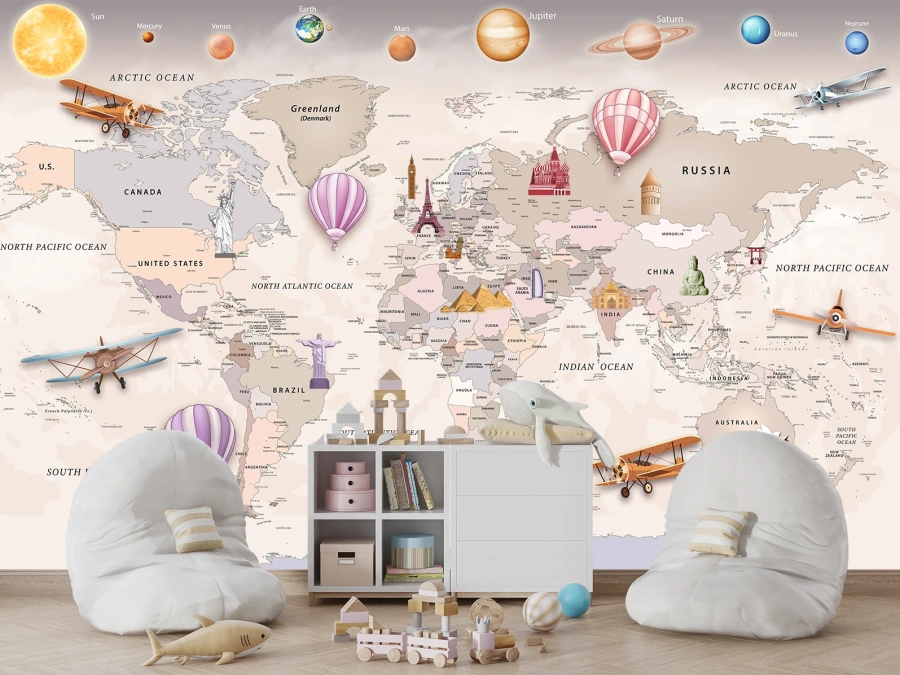 Hartă cu Avioane Baloane și Planete, fototapet cu harta a lumii