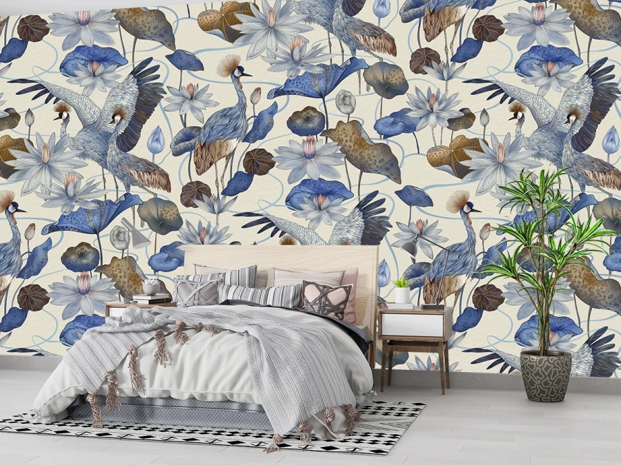 Păsări albastre și flori elegante stil artistic, fototapet cu flori