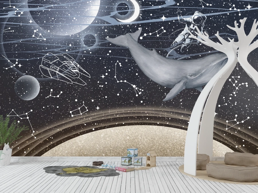 Balena cosmică și astronaut în univers, fototapet pentru copii