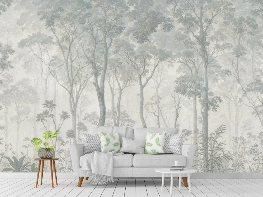 Pădure ceață delicată în tonuri naturale moderne, fototapet padure