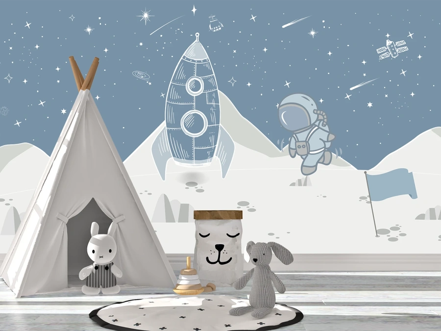 Fototapet spațial pentru copii cu rachetă și astronaut. ✓ Design calm în tonuri albastre